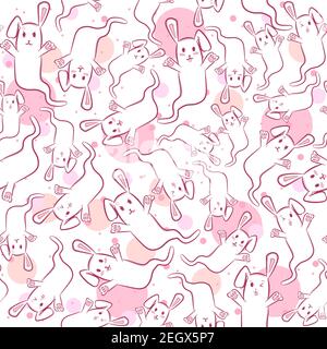 Rosa Nahtloses Muster mit rosa Kaninchen für Kinder. Repetitiver Hintergrund mit Hasengeistern mit verschiedenen Gesichtsausdrücken. Kawaii Halloween Tier Stock Vektor