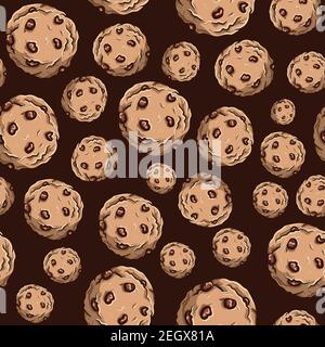 Nahtloses Muster von Chocolate Chip Cookies. Wiederholter Hintergrund von süßen runden Keksen mit brauner Creme auf der Oberseite. Stock Vektor