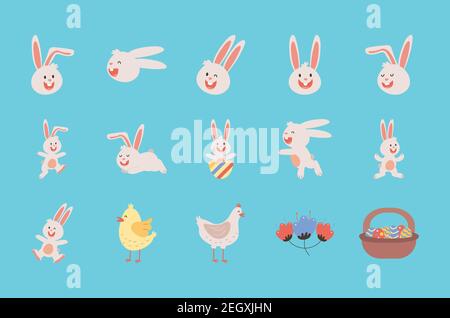 Bündel von osterkaninchen mit Hühnern und Eiern gemalten Vektor Illustrationsdesign Stock Vektor