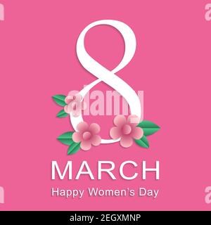 8 März internationale Frauen Tag Urlaub Grußkarte Vorlage. Nummer acht mit Blumen und Text isoliert auf rosa Hintergrund dekoriert Stock Vektor