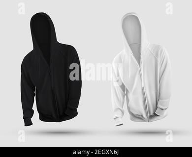 Männliche realistische Bekleidungsvorlage ohne Körper, weißer, schwarzer Hoodie mit Reißverschluss, Tasche, isoliert auf Hintergrund, vorne. Mockup Sweatshirt 3D Rendering, Stockfoto