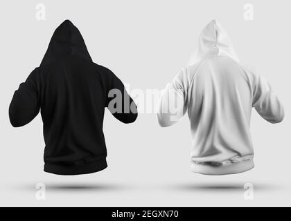 Unbeschriftete Herren Hoodie Template 3D Rendering, realistisches Weiß, schwarzes Sweatshirt, Rückseite, zur Designpräsentation, Werbung im Laden. Mockup Kleidung i Stockfoto