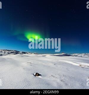 Aurora Borealis über die Winterlandschaft im UNESCO-Weltkulturerbe Ilulissat, Disko Bay, Grönland Stockfoto