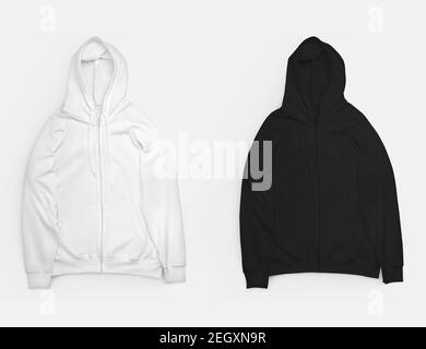 Set aus weißen, schwarzen Hoodie ausgelegt, isoliert auf dem Hintergrund, Branded Kleidung mit langen Ärmeln, Reißverschluss, Taschen. Modische Sweatshirt für Design Stockfoto