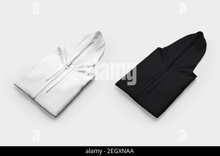 Weiße, schwarze Sweatshirt-Vorlage mit Reißverschluss, Kordelzug, gebrandeten Kapuzenpullover für Design. Leere Kleidung Mockup Präsentation isoliert auf Bac Stockfoto