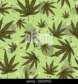 Grünes nahtloses Muster mit Hanfblättern und Kreisen auf dem Hintergrund. Repetitive Illustration mit Marihuana-Kräutern für Tabak-Idustry. Stock Vektor