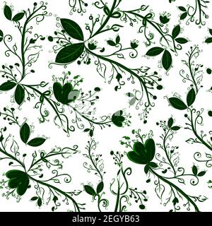 Botanische nahtlose Muster über den internationalen Erdtag und Ökologie. Repetitiver Hintergrund mit grünen Blättern, Blumen und Kräutern. Stock Vektor
