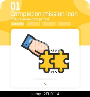 Abschluss Mission Icon Konzept mit Linienfarbe Stil isoliert auf weißem Hintergrund. Vektor Umriss Farbe Illustration Solusion Symbol für Unternehmen Stock Vektor