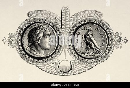 Tetradrachm von Ptolemäus IV. Philopator. Münze geprägt zwischen den Jahren 221-204 v. Chr. in Ägypten, während der Herrschaft von Ptolemäus IV. Alte Ägypten Geschichte. Alte 19th Jahrhundert gravierte Illustration von El Mundo Ilustrado 1879 Stockfoto
