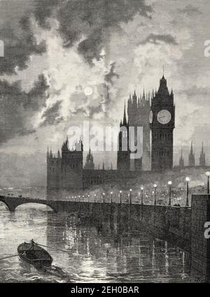 Houses of Parliament from the Thames by Moonlight, London. Vereinigtes Königreich, Europa. Alte 19th Jahrhundert gravierte Illustration von El Mundo Ilustrado 1879 Stockfoto