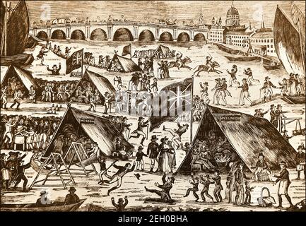 Eine Frostmesse, die 1814 an der gefrorenen Themse in London stattfand. Stockfoto