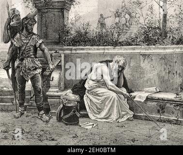 Der Tod von Archimedes, getötet von einem römischen Soldaten während des Angriffs auf Syrakus, Antike griechische Geschichte. Alte 19th Jahrhundert gravierte Illustration von El Mundo Ilustrado 1879 Stockfoto