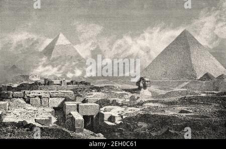 Gravur mit den Pyramiden von Gizeh und Sphinx. Alte Ägypten Geschichte. Alte 19th Jahrhundert gravierte Illustration von El Mundo Ilustrado 1879 Stockfoto