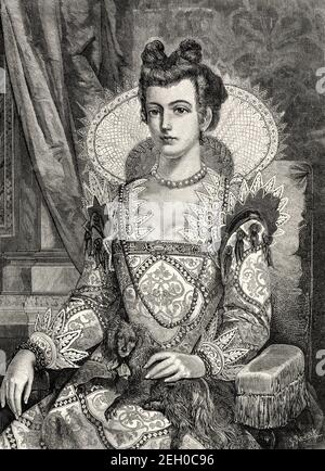 Porträt einer schönen venezianischen Dame aus dem 16th. Jahrhundert in traditioneller luxuriöser und eleganter Kleidung, Italien. Europa. Alte 19th Jahrhundert gravierte Illustration von El Mundo Ilustrado 1879 Stockfoto