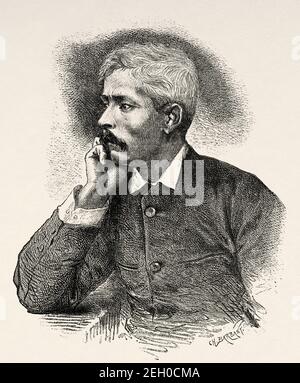 Porträt von Henry Morton Stanley (Denbigh, 1841 - London, 1904) britischer Journalist und Forscher auf seiner Rückkehr von seiner Afrikareise. Reise ins unerforschte Afrika, den geheimnisvollen Kontinent von Henry Morton Stanley. Explorer des neunzehnten Jahrhunderts. Alte 19th Jahrhundert gravierte Illustration von El Mundo Ilustrado 1879 Stockfoto