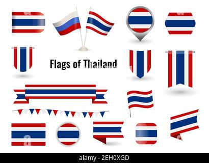 Flagge Thailands. Kreis und Quadrat und rund Thailand Flagge. Große Reihe von Symbolen und Symbolen. Sammlung von verschiedenen Flaggen der horizontalen und vertikalen. v Stock Vektor