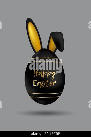 Frohe Ostern. Luxuriöses schwarzes Ei mit Hasenohren und goldenem Ornament. Frühlingsurlaub. Realistische Vektordarstellung. Für Grußkarte, Promotion Stock Vektor