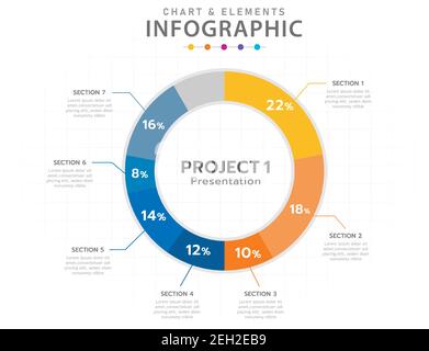 Infografik-Vorlage für Unternehmen. 7 Schritte Tortendiagramm Diagrammelement, Präsentationsvektor Infografik. Stock Vektor