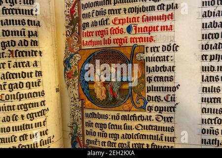 Nahaufnahme einer Seite der 600 Jahre alten vierteiligen Malmesbury-Bibel, ausgestellt in der Malmesbury Abbey, Malmesbury, Wiltshire, Großbritannien. Stockfoto