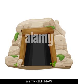 Alte Höhle aus Steinen, Felsen mit Moos und Gras im Cartoon-Stil isoliert auf weißem Hintergrund. Eingang aus Holzplanken, dunkler Mystery Tunnel. Standort Stock Vektor