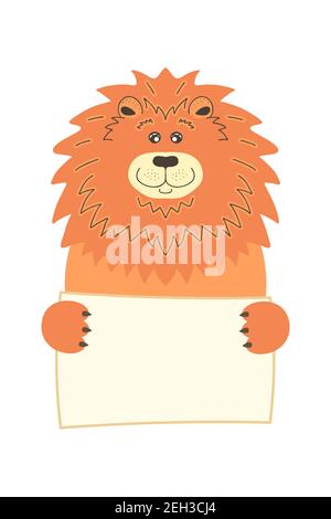 Niedlichen Cartoon Löwe Katze Tier halten Tag Zeichen mit Kopierraum. Set Grußkarte Banner Einladung Flyer Broschüre. Cartoon Hand gezeichnet Stil. Wenig pe Stock Vektor