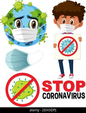 Stop Coronavirus Logo mit Erde trägt Maske Cartoon Charakter und Junge halten stoppen Coronavirus Zeichen Illustration Stock Vektor