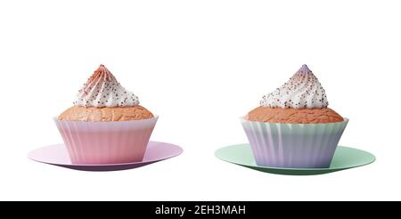 Zwei leckere Cupcakes mit Sahne bestreut mit Schokolade Chips in Ein Papierkorb isoliert weiß Stockfoto