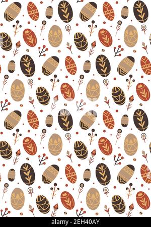 Nahtloses Tribal-Muster mit Ostereiern und einfachen geometrischen Kräutern. Festliche Naturtapete. Vektorfeder Textur. Religiöser Feiertag Stock Vektor