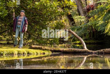 Frau zu Fuß in Terra Nostra Park, Wanderweg, Reiseziel Azoren, wunderbaren botanischen Garten. Stockfoto