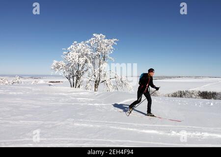 Frau Skifahrer Skifahren in verschneiten Szene Berge Trail Trip Sonnentag Frau Skifahren Stockfoto