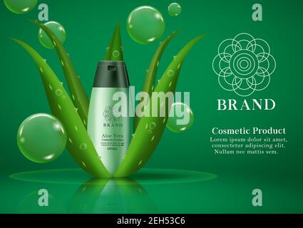 Kosmetische Aloe Vera Produkt Vektor Vorlage Design. Kosmetik Shampoo Produkt mit Aloe Vera Pflanzenextrakt für Haar Dusche Mock up kommerziellen. Stock Vektor