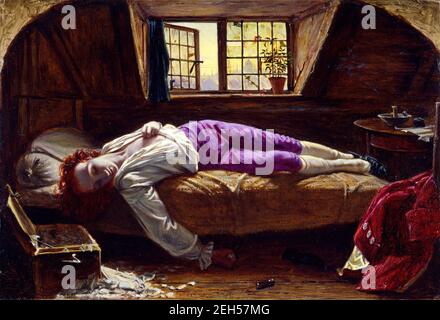 Chatterton (der Tod von Chatterton), 1856. Thomas Chatterton (1752-1770) war ein erfolgloser Dichter, dessen Selbstmord zu einem Symbol des vereitelten künstlerischen Genies wurde. Wallis benutzte seinen Freund George Meredith (1828-1909), ebenfalls ein kämpfter Schriftsteller, als Vorbild. Stockfoto