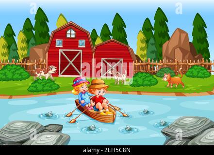 Kinder rudern das Boot in der Stream Farm Szene Illustration Stock Vektor