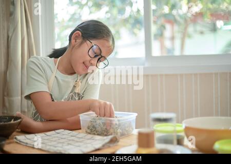 Ein Mädchen, das ein hausgemachtes Onigiri macht Stockfoto