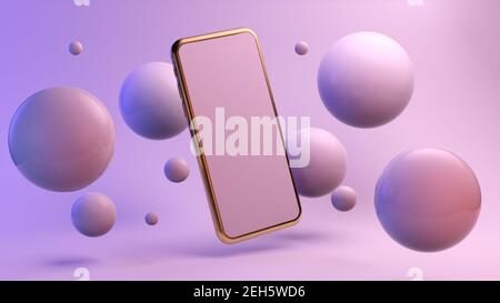 Golden Mobile umgeben von reflektierenden Blasen Mock up 3D Rendering Stockfoto