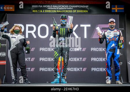 Projekt E, BARRATT Natalie, Ford Fiesta, Aktion, Projekt E, NEUBAUER Hermann, Ford Fiesta, Action Projekt E, BLOCK Ken (USA), Ford Fiesta, Action Podium Ambiente während der Swecom World RX of Sweden, 2nd Runde der FIA World Rallycross Championship 2020, FIA WRX, am 23. August 2020 auf dem Holjes Motorstadion, in Holjes, Schweden - Foto Paulo Maria / DPPI Stockfoto