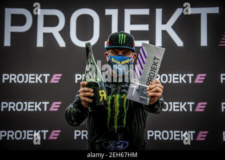 Projekt E, BLOCK Ken (USA), Ford Fiesta, Action Podium Ambiente während der Swecom World RX of Sweden, 2nd Runde der 2020 FIA World Rallycross Championship, FIA WRX, am 23. August 2020 auf dem Holjes Motorstadion, in Holjes, Schweden - Foto Paulo Maria / DPPI Stockfoto