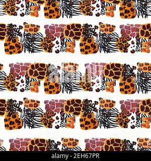 Wildtier-Mix nahtlose Muster. leopard, Zebra, Giraffe, Tiger und Gepard-Druck. Abstrakter Hintergrund. Mode Illustration. Stockfoto