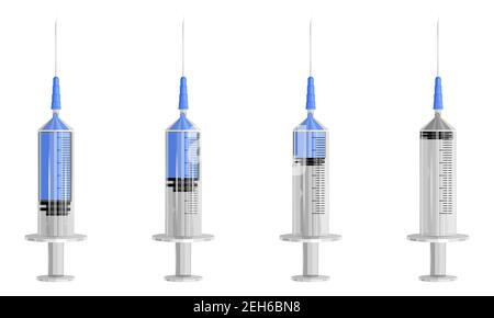 Set von 4 Spritzen mit verschiedenen gefüllten Impfstoffen. Voll, 2 verschiedene halbvolle und leere Spritzen. Impfung gegen covid-19. Vektorgrafik Stock Vektor