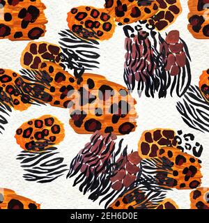 Wild Animal Mix Nahtloses Muster. Jaguar, Leopard, Zebra, Giraffe, Tiger und Geparden. Stockfoto