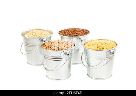 Die Sammlung von verschiedenen Leisten in den grauen metallischen Eimern isoliert auf weißem Hintergrund. Quinoa, Buchweizen, Weizen und goldene Linsen. Stockfoto