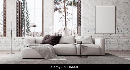 Moderne weiße Inneneinrichtung mit weißen Möbeln und leerem Mock Up Picture Frame 3D Rendering Stockfoto
