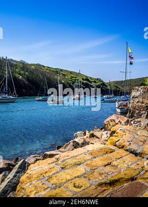 Kleine Boote, die an einem warmen Sommertag in Solva Harbour, West Wales, festgemacht wurden Stockfoto