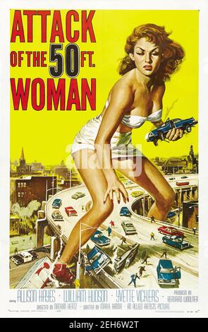 Filmplakat für den Angriff der 50-Fuß-Frau ein 1958 amerikanischer Science-Fiction-Spielfilm mit Allison Hayes. Stockfoto