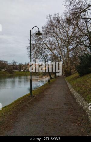 Langer Weg im Park mit Bäumen und hohen schwarzen Laternen In der Nähe Stockfoto