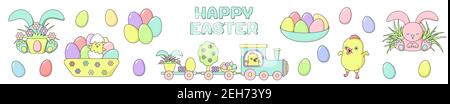 Set von Happy Easter Design-Elemente - bemalte Eier, Huhn, Kaninchen, Zug, Blume, Gras mit Schild. Stock Vektor-Illustration in Cartoon flachen Stil. Stock Vektor