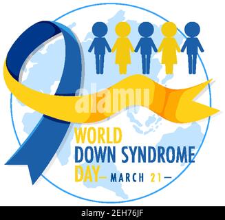 World Down Syndrom am 21. März mit gelb - blau Abbildung mit Bandschild Stock Vektor