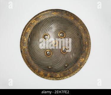 Schild mit Jagd und Landschaft Vignetten, Indien, zweite Hälfte 17th Jahrhundert. Stockfoto