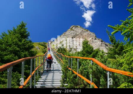 Low-Angle-Aufnahme von Wanderern, die auf der Metalltreppe gehen Die Bergklippe hinauf Stockfoto