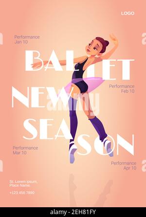 Ballett neue Saison Cartoon Poster mit Ballerina, Einladung Flyer zur Performance mit Tänzerin Mädchen in Tutu und spitzenschuhe stehen in Tanzposition. Künstler Choreographie Event Vektor Werbung Banner Stock Vektor